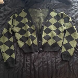 Green Black Argyle Checkered Cardigan